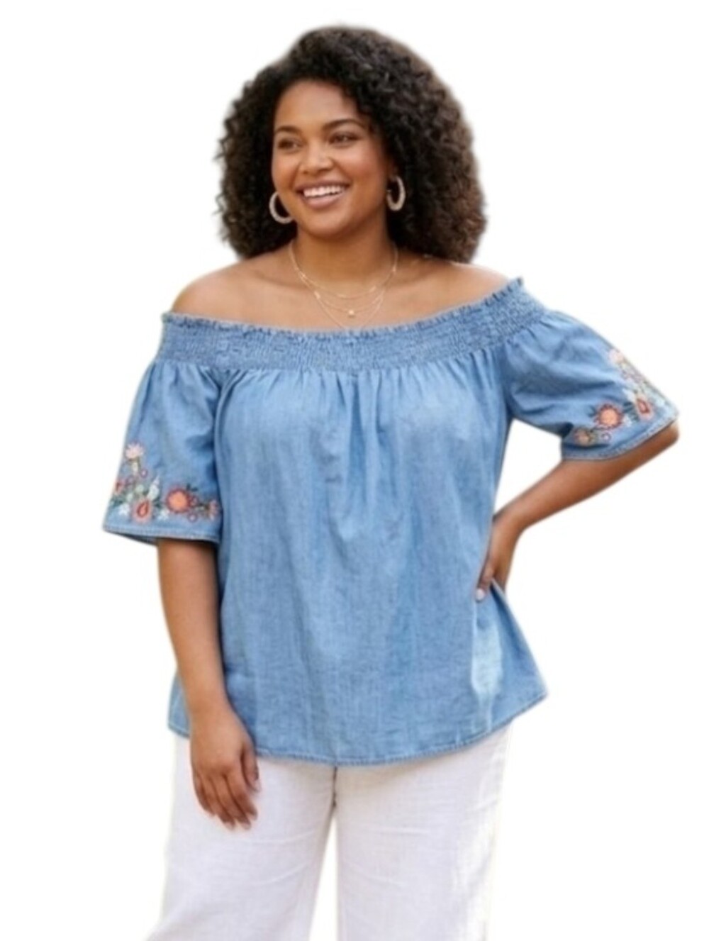 Perch Blu Pepper Blue Smocked Embroidered Off Shoulder Top